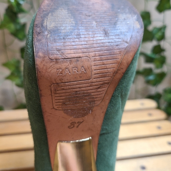 Zara Women's Faux Suede Green Gold Platform Evening Peep Toe Heel - Picture 14 of 16